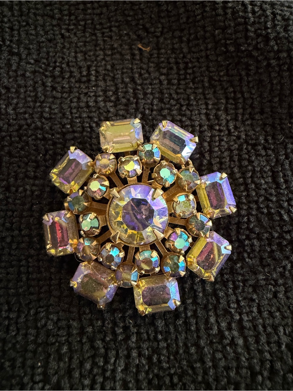 Vintage Aurora Borealis Crystal Floral Brooch - Gold Tone